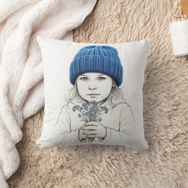 Almofada Menina com um Chapéu de Malha Azul (Cobertor)