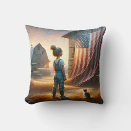 Almofada Menina com uma bandeira americana em um celeiro