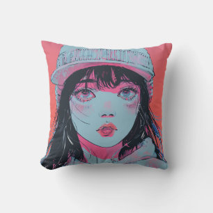Almofada Menina de Anime Pastel com Arte de Touca