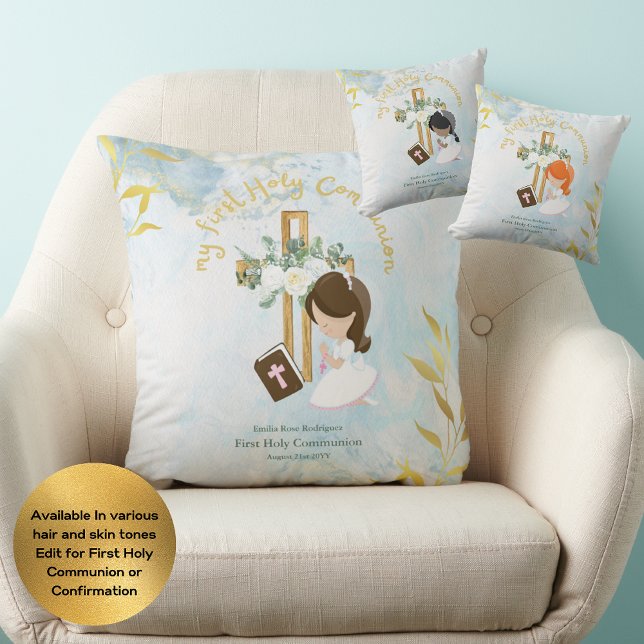 Almofada Menina de Cabelo Marrom, Justa e Sagrada Comunhão  (Criador carregado)