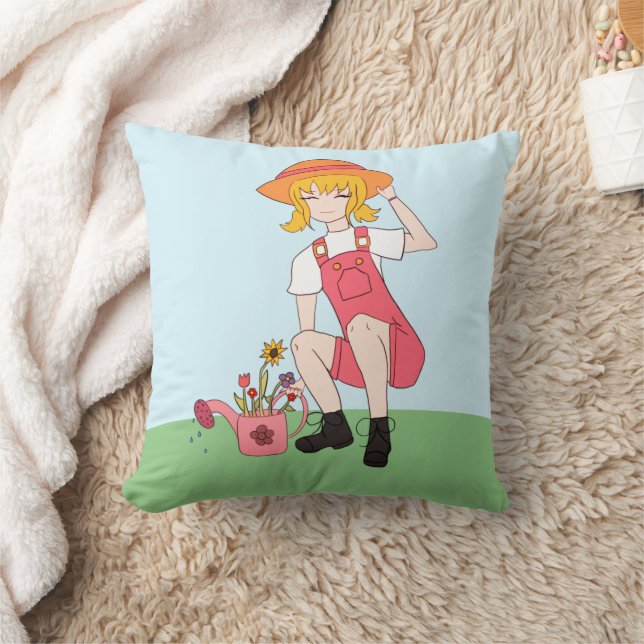 Almofada Menina de jardinagem com flores cabelo louro (Cobertor)