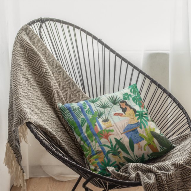 Almofada Menina de plantas azuis que lê (Criador carregado)