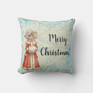 Almofada Menina do Natal do Victorian no casaco vermelho da