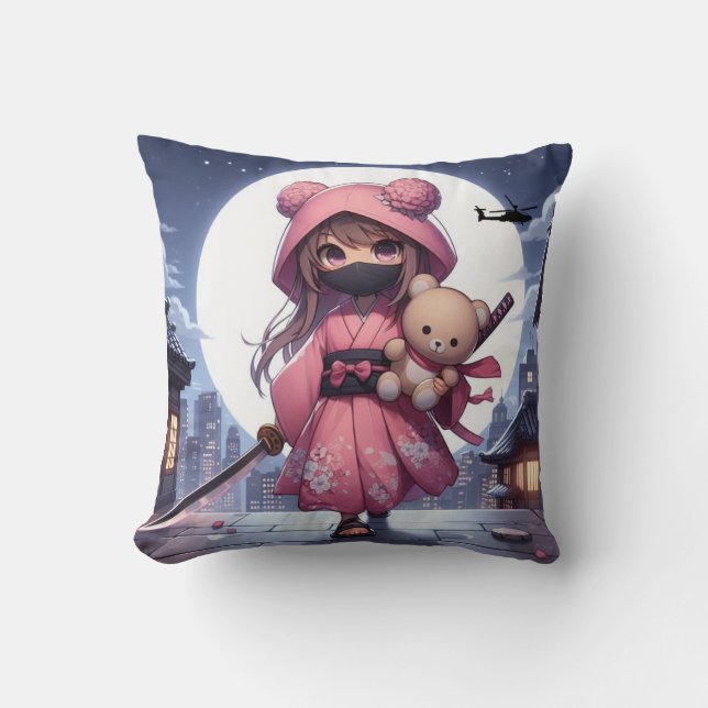 Almofada Menina e ursinho da guerreira ninja (Frente)