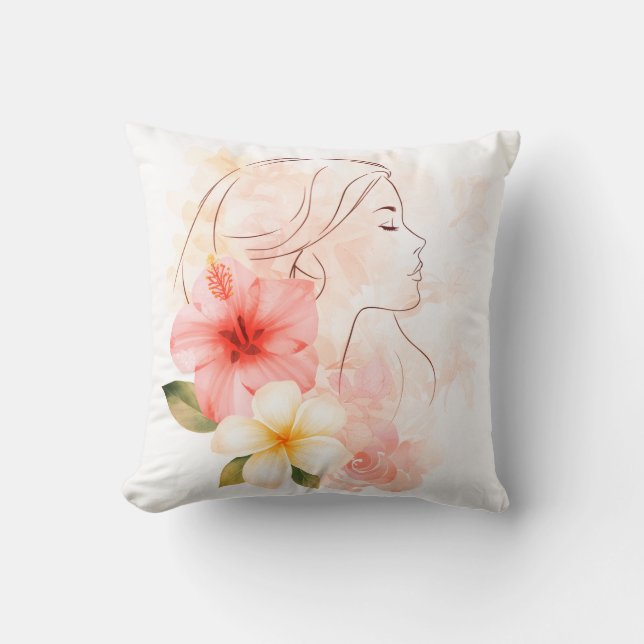 Almofada Menina fecha os olhos com flor-aquarela  (Frente)