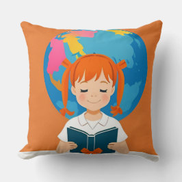 Almofada Menina Jovem Lendo um Livro com um Globo Vibrante