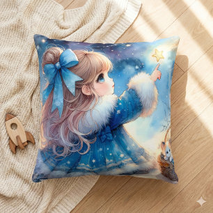 Almofada Menina Sonhadora Observadora de Estrelas Aquarela