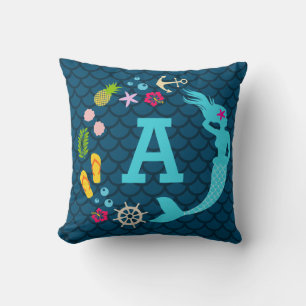 Almofada Meninas de Monograma de Sereia Tropical Azul-Cura