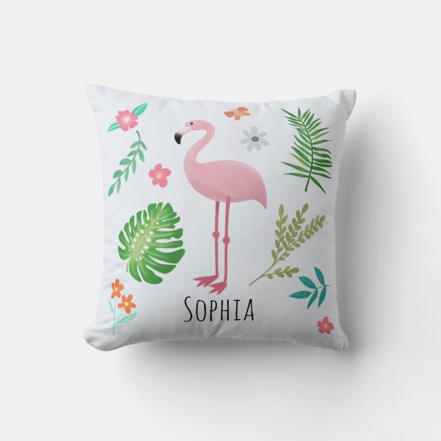Almofada Meninas Flamingo Tropical Cor-de-rosa e Flores (Frente)
