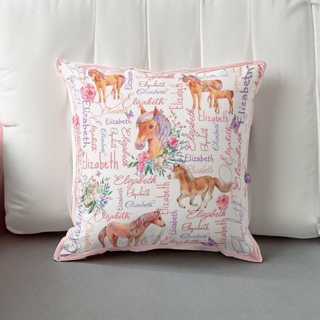 Almofada Meninas personalizadas chamam colagem com pôneis (Personalized girls name collage with ponies throw pillow)