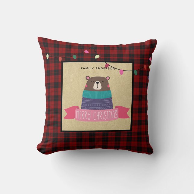 Almofada Meninas Personalizadas Xmas Brown Bear Buffalo Xad (Frente)