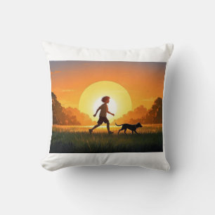 Almofada Menino jovem com cachorro no pôr do sol
