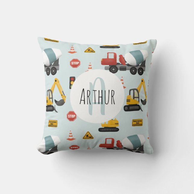 Almofada Meninos Blue Construction Transport & Name Kids (Frente)