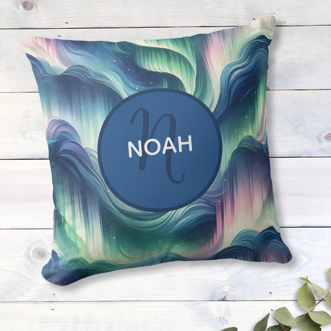Almofada Meninos Bonitos Crianças De Ensino Luzes De Norte  (Personalized Aurora Borealis Pillow with Name - Custom Decor, Unique Gift, Northern Lights Design)