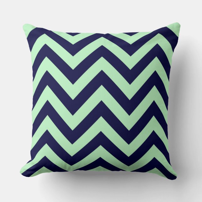 Almofada Menta, Azul-Marinho Padrão Zigue-Zague com Chevron (Frente)