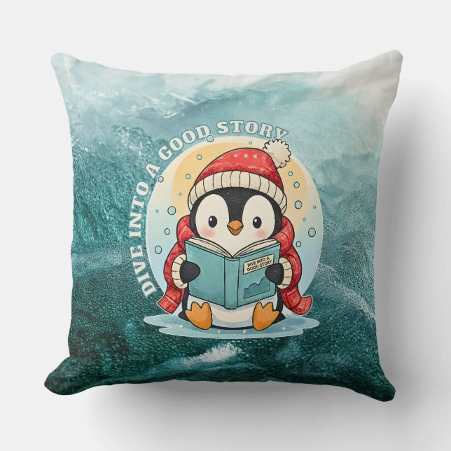 Almofada Mergulhe Em Uma Boa História Lendo Penguin Pillow (Frente)