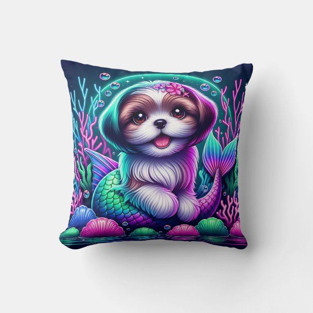 Almofada "Mermaid Shih Tzu Puppy - Whimsical Fantasy Art" (Frente)