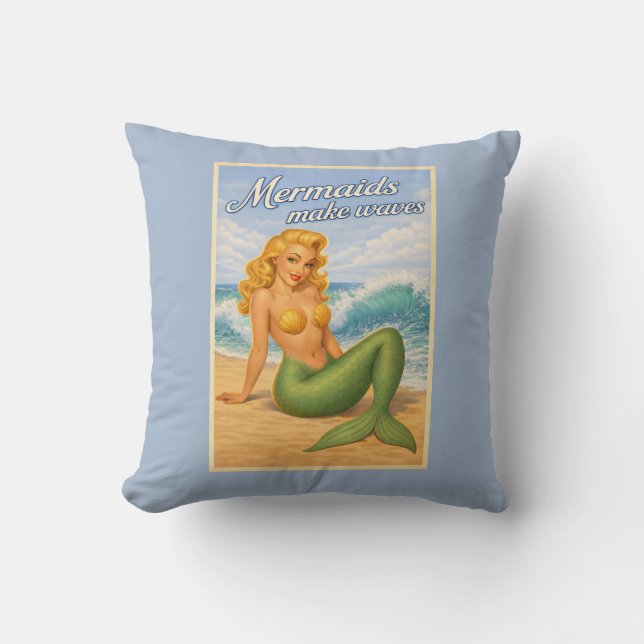 Almofada Mermaids Make Waves Retro Coastal Blue Beach Decor (Frente)