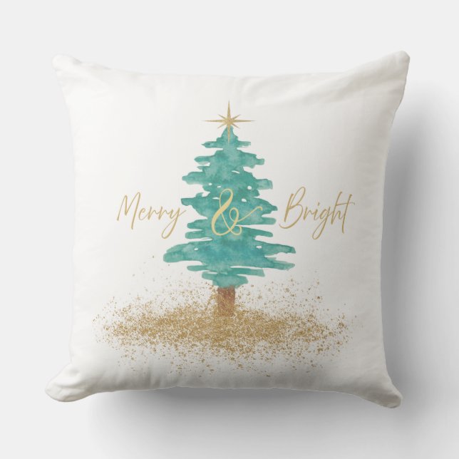 Almofada "Merry and Bright" Watercolor Christmas Tree  (Frente)