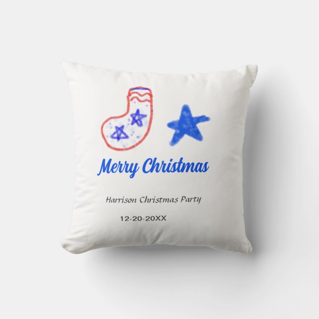 Almofada Merry Christmas blue star red stockings name date  (Frente)