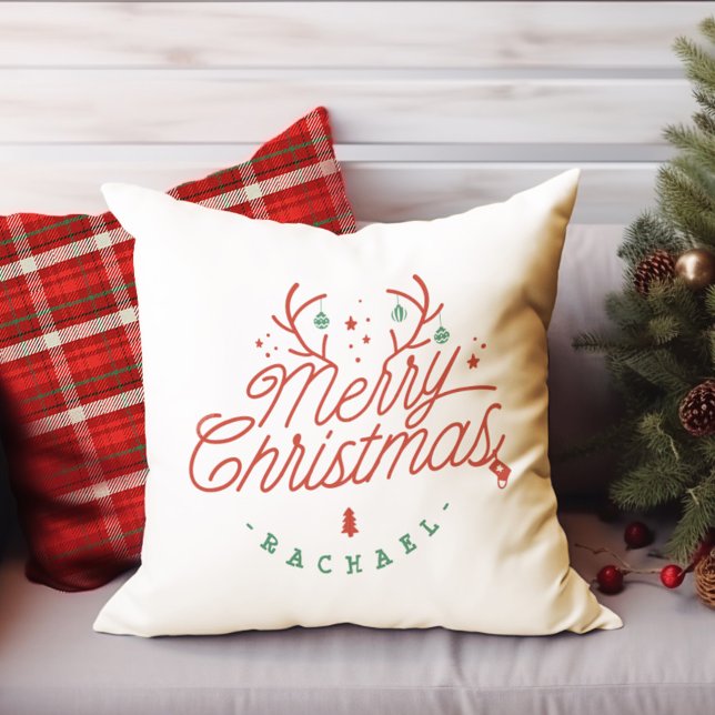 Almofada Merry Christmas Check Xadrez Personalised Reindeer (Merry Christmas Check Plaid Personalized Reindeer Throw Pillow)