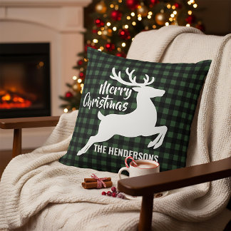 Almofada Merry Christmas Deer Green & Black Plaid Name