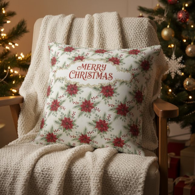 Almofada Merry Christmas Poinsettia Floral Holiday Pattern (Merry Christmas Poinsettia Floral Holiday Pattern Throw Pillow)