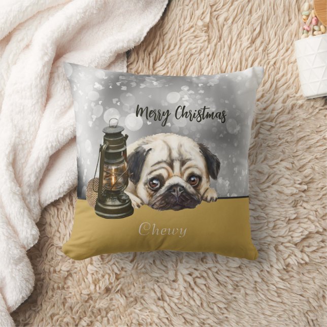 Almofada Merry Christmas Pug amante de lado duplo (Cobertor)