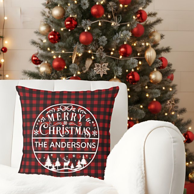 Almofada Merry Christmas Red & Black Plaid Custom Name (Criador carregado)