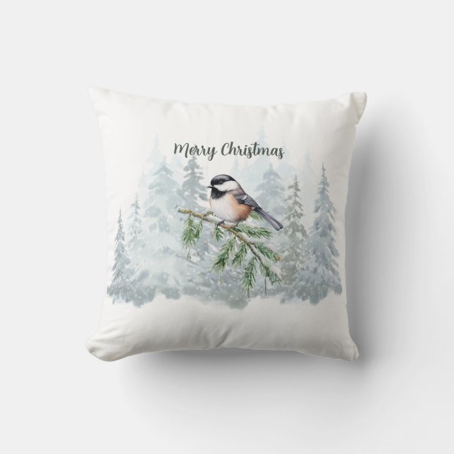Almofada Merry Christmas Winter Spruce Tree Chickadee (Frente)