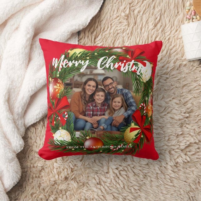 Almofada Merry Christmas Wreath Photo Personalized Family N (Cobertor)