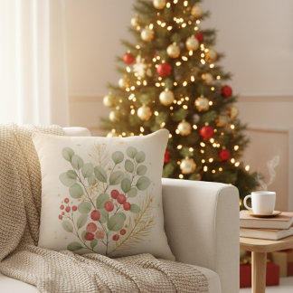 Almofada Merry Hearth: Rustic Christmas Botanical Watercolo