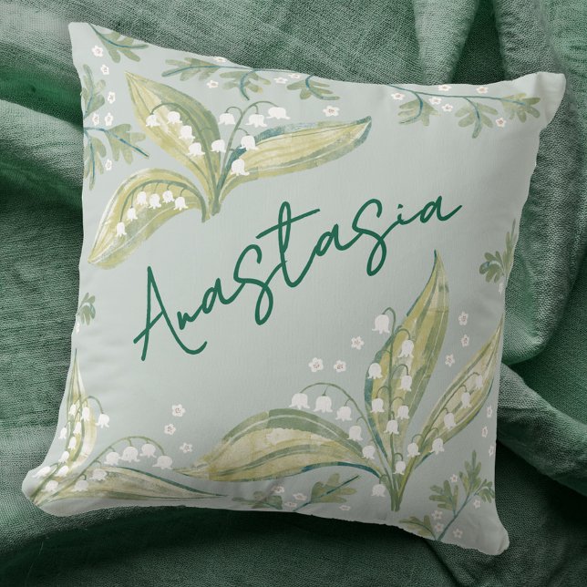 Almofada Mês de Nascimento Maio Narciso Personalizado (May birthday personalized custom name birth month flower lily of the valley hawthorn throw pillow)