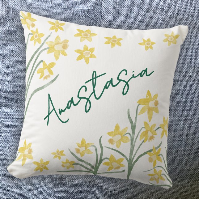 Almofada Mês de Nascimento Março Narciso Personalizado (March Birth Month Flower daffodil personalized custom name script font watercolor birthday pillow)