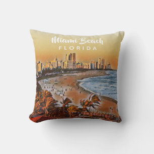 Almofada Miami Beach Flórida Vintage Watercolor Art