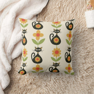 Almofada Mid Century Atomic Cats with Retro Orange flowers 