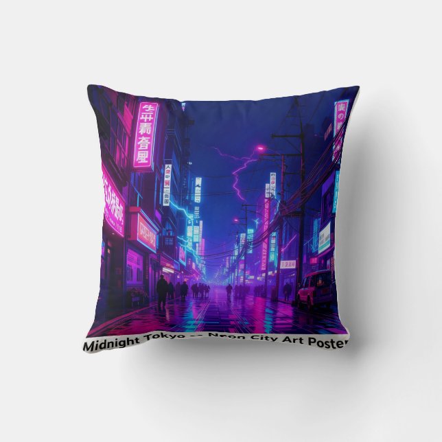 Almofada Midnight Tokyo — Neon Cyberpunk Throw Pillow (Verso)