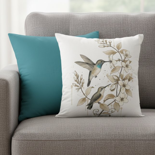 Almofada Minimalist Hummingbird & Floral Decorative Pillow (Minimalist hummingbird decorative pillow)