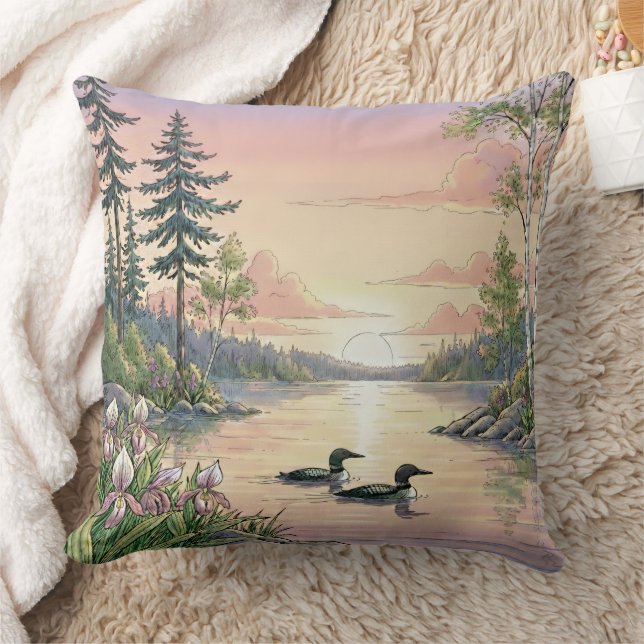Almofada Minnesota Lake Sunset with Loons, Throw Pillow (Cobertor)