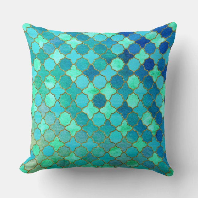 Almofada Mint Aqua Teal Dourado Padrão do Azulejo Oriental  (Frente)