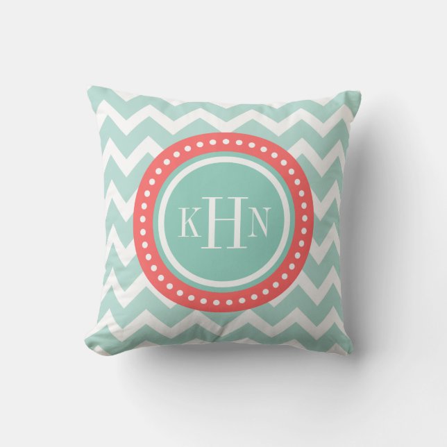 Almofada Mint e Coral Chevron Monograma (Frente)