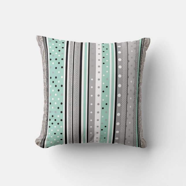 Almofada Mint Green Grey and White Striped Polka dot  (Frente)