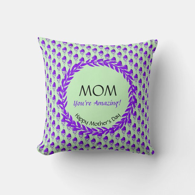 Almofada Mint Green Purple Heart Pattern AMAZING MOM (Frente)