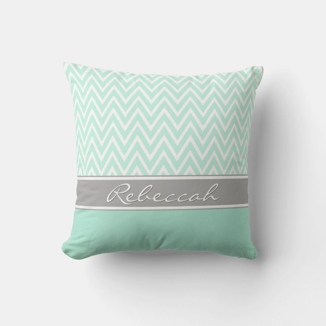 Almofada Mint Green White Chevron Zigzag - Nome da Cinza do (Frente)