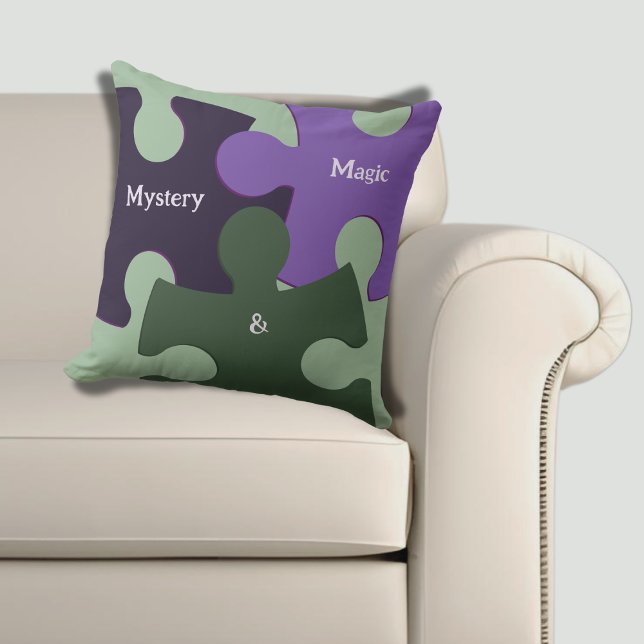 Almofada Mistério & Magia Verde & Purple Saw Quebra-cabeça (Mystery & Magic Green & Purple Jig Saw Puzzle Throw Pillow)
