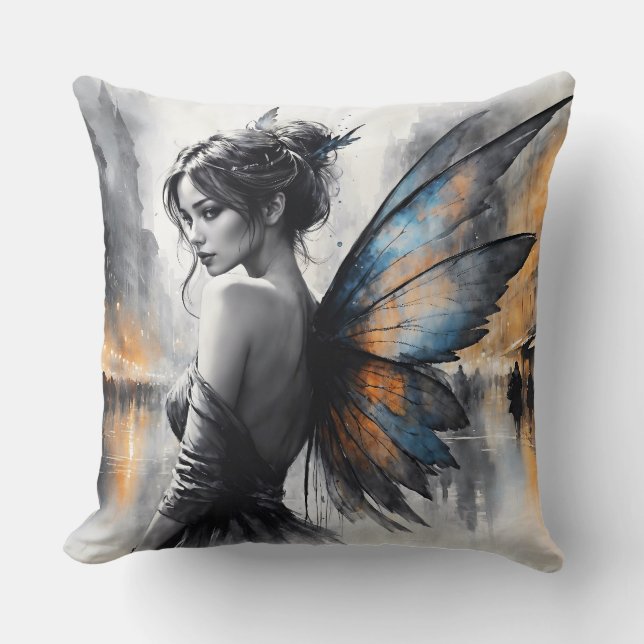 Almofada Misteriosa fada negra cidade brilhando asas etérea (Frente)