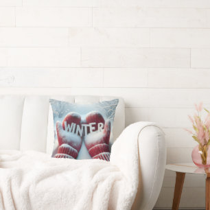 Almofada Mittens Vermelhos De Inverno Com Flocos De Neve