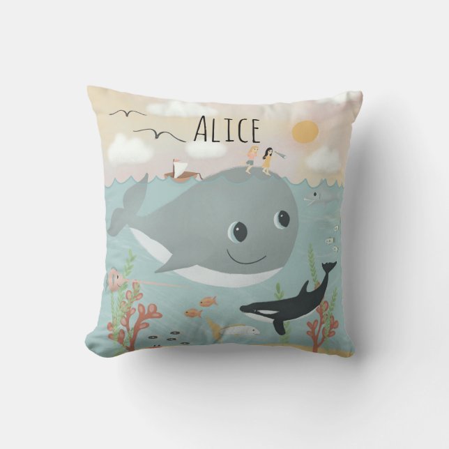 Almofada Miúdas, Cute Ocean Whale Illustration Kids Cushion (Frente)