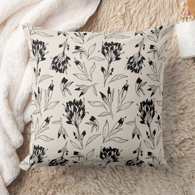 Almofada Modern Black Botanical Floral Sketch Pattern (Cobertor)
