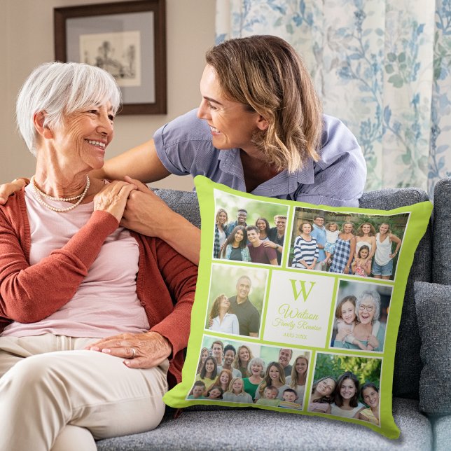 Almofada Modern Lime Green Family Reunion Monogram Photo  (Criador carregado)